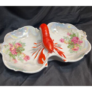 Antique German Porcelain Lobster Divided Dish, Floral Pink